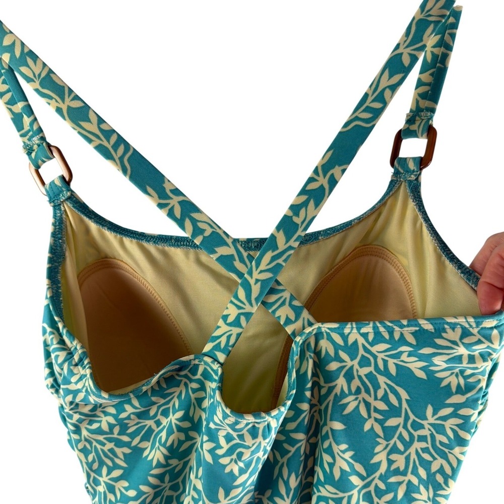 Lands End Womens Sz 14 Teal Leaf Print Ruched One Piece Swimsuit Crossover Back - Picture 5 of 8